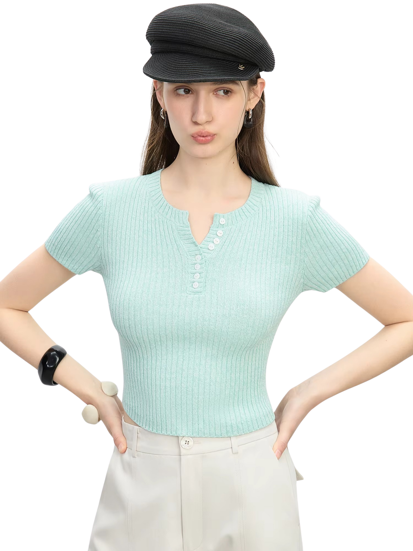 Ribbed Button-Front Knit Top